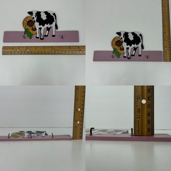Vtg Thin Wood Cow Sunflower Pink Purple Wall Key Holder Lightweight Hooks READ - Picture 4 of 12
